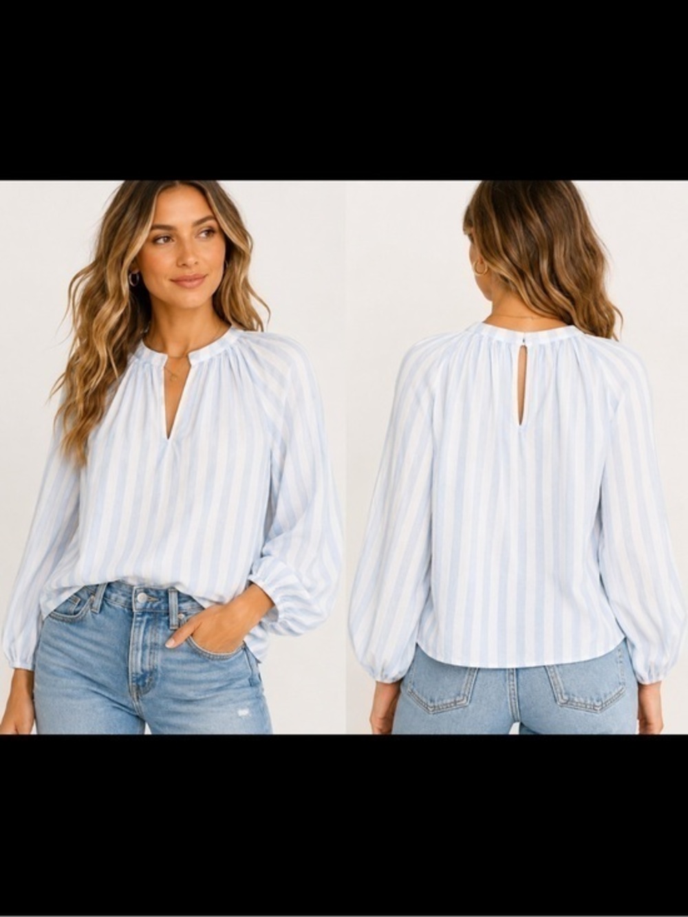 Amanda Uprichard Light Blue Stripe Balloon Sleeve Blouse Size M REVOLVE